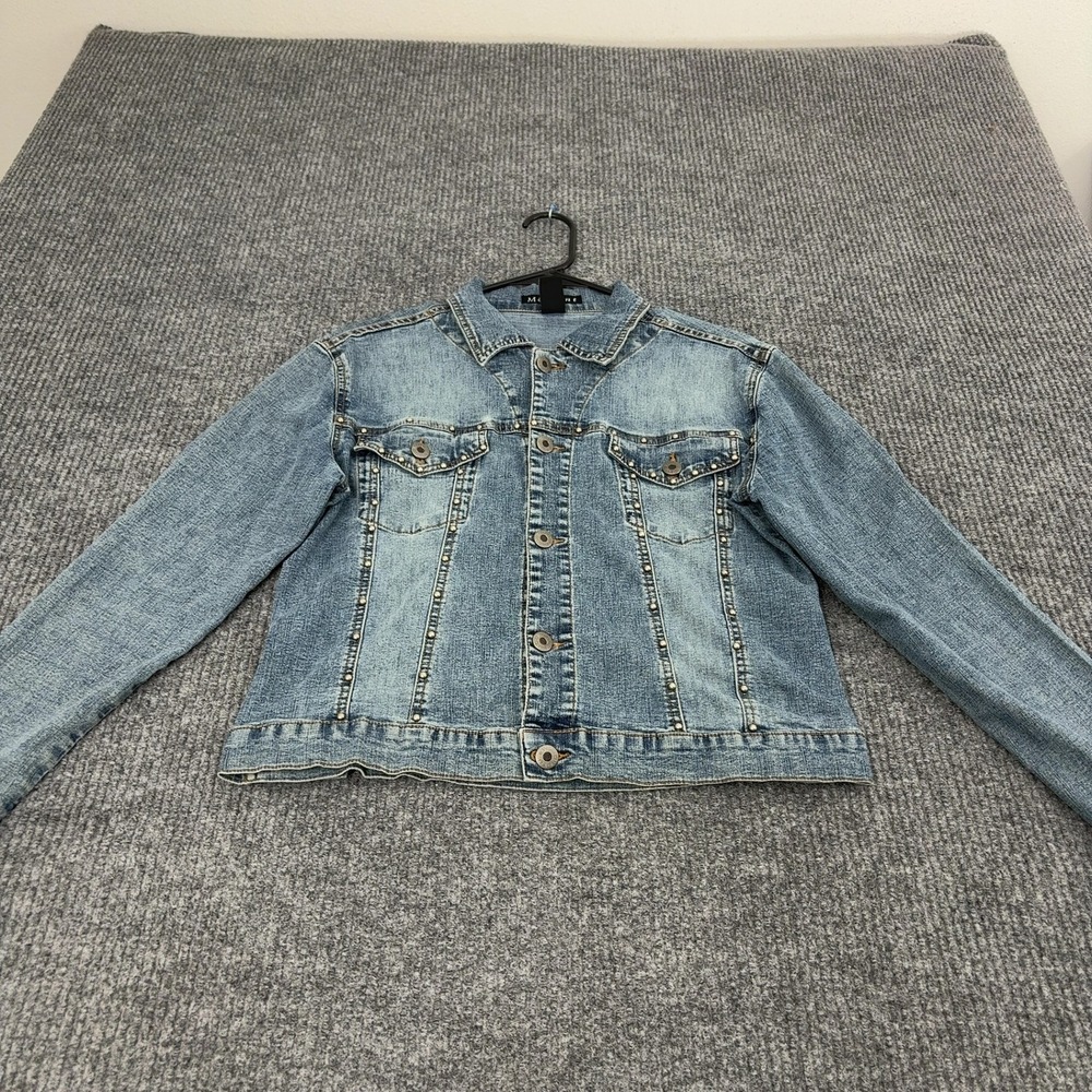 Mechant Denim Jacket Womens S Blue Ramie Cotton Studded Graphic Back Y2K Boho